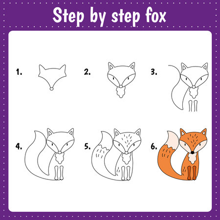 Drawing lesson for children.  Drawing tutorial with fox Step by step repeats the picture. Kids activity art page for book. Vector illustration.のイラスト素材