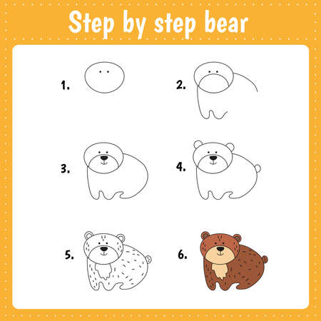 Drawing lesson for children. How to draw a bear. Drawing tutorial for kids. Step by step repeats the picture. Kids activity art page for book. vector illustration.のイラスト素材
