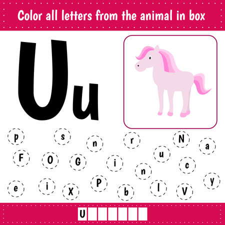 Learning English alphabet. Letters recognition. Color all letters Uu. Educational worksheet for school and kindergarten. U is for unicorn.のイラスト素材