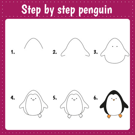 Drawing lesson for children. How draw penguin. Drawing tutorial with funny animal. Step by step repeats the picture. Kids activity art page for book. Vector illustration.のイラスト素材