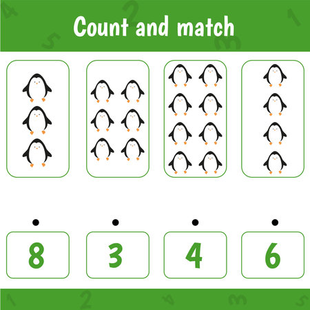 Educational worksheet for preschool kids. Count and match. Math game for children. Count penguinsのイラスト素材