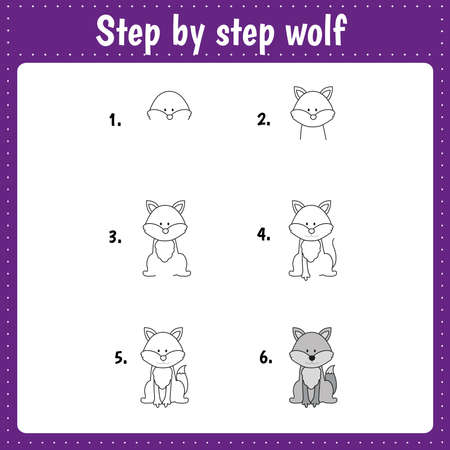 Drawing lesson for children. How to draw a wolf. Drawing tutorial for kids. Step by step repeats the picture. Kids activity art page for book. vector illustration.のイラスト素材