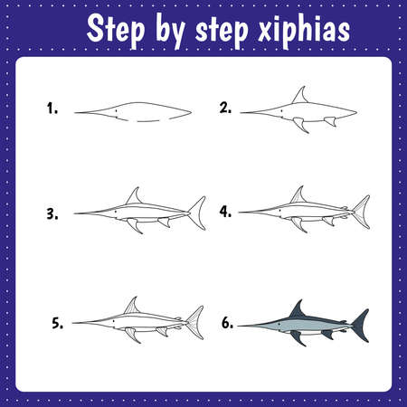 Drawing lesson for children. How to draw a xiphias. Drawing tutorial for kids. Step by step repeats the picture. Kids activity art page for book. vector illustration.のイラスト素材