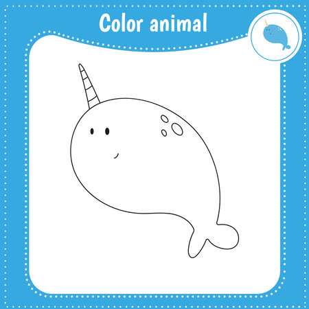 Cute cartoon animal - coloring page for kids. Educational Game for Kids. Vector illustration. Color narwhalのイラスト素材