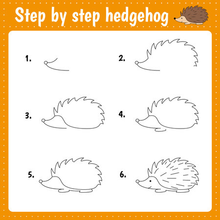 Easy educational kid game. Simple level of difficulty. Gaming and education. Drawing tutorial for hedgehogのイラスト素材