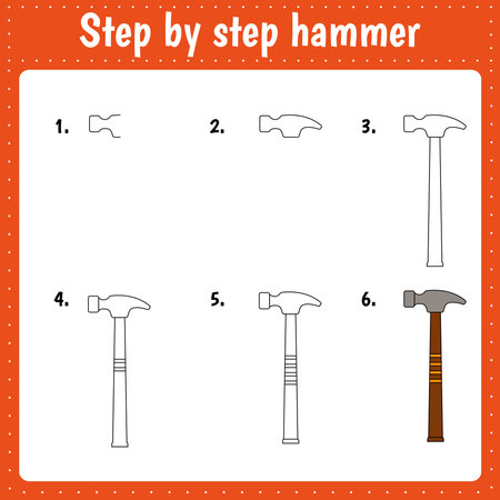 Vector kid educational game to develop drawing skill with easy game level preschool kids education. Funny drawing school. Drawing tutorial for hammerのイラスト素材