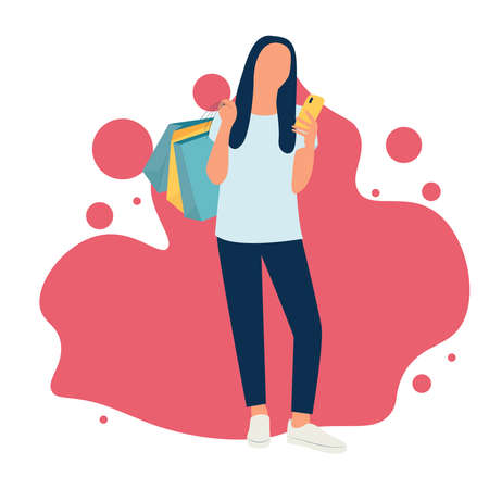 Beautiful girl is shopping. The woman with the packages. fashionable. vector illustration. flat illustrationのイラスト素材