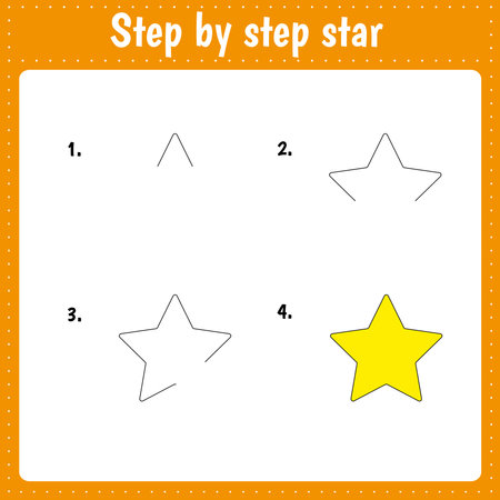 Drawing lesson for children. How draw a star. Drawing tutorial. Step by step repeats the picture. Kids activity art page for book. Vector illustration.のイラスト素材