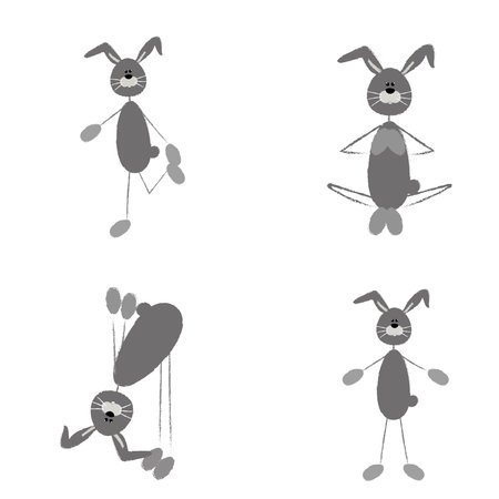 Set of cute texture bunny doing exercises for kids book illustration. vector characterのイラスト素材