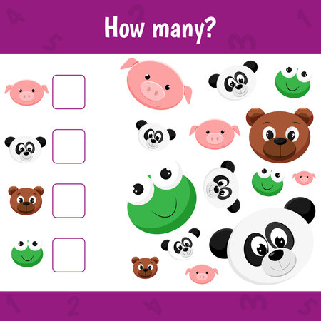 How many animals are there. Count the number of ianimals. Math worksheet for kids. Pig, panda, frog, bearのイラスト素材
