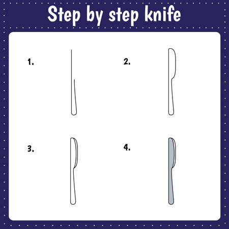 How to draw a knife. Educational page for children. Creation step by step illustration. Printable worksheet for kids school exercise book.のイラスト素材
