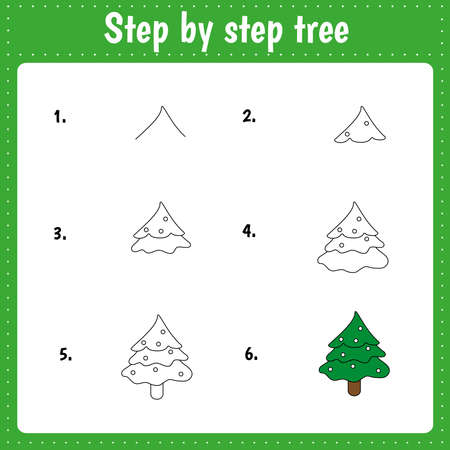 Drawing tutorial for kids. Preschool educational worksheets. Easy level. education sheets. How to draw a treeのイラスト素材
