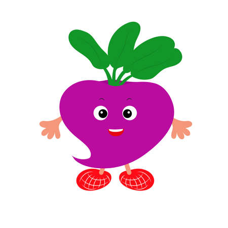 beet root. Purple beet with green leaves and red shoes. vector illustration. Cartoon funny beet. vegetableのイラスト素材