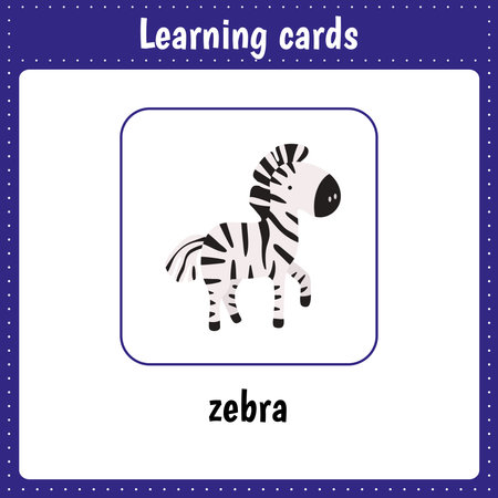 Learning cards for kids. Animals. Zebra.Educational worksheets for kids. Preschool activityのイラスト素材