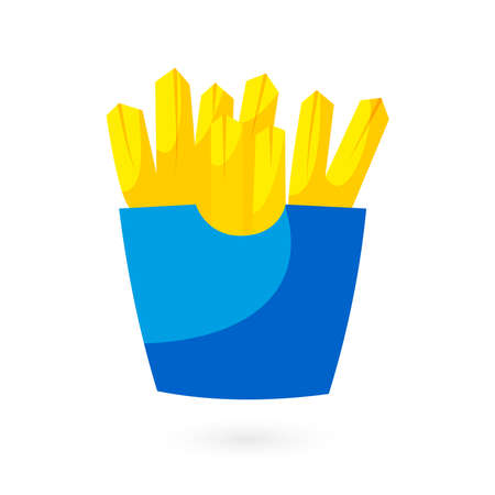 Cartoon French fried potato in blue pack box. fast food. vector illustration.