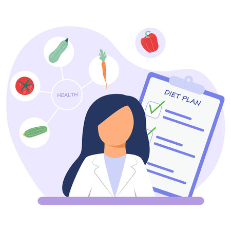A nutritionist with a diet plan for a nutrition seminar. Healthy food.Nutrition recommendations. vector illustrationのイラスト素材