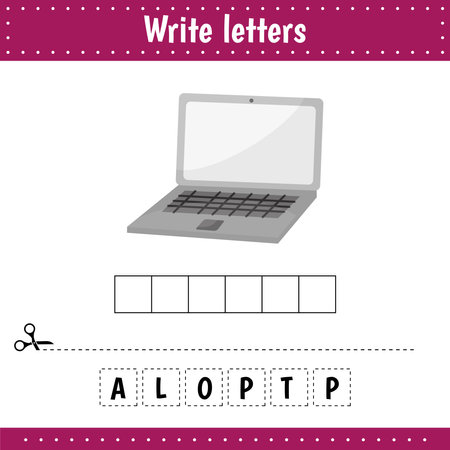Educational game for kids. Crossword. Laptop. Guess the word. Education developing worksheet. Learning game for kids. Activity page. Riddle for preschool kids.のイラスト素材