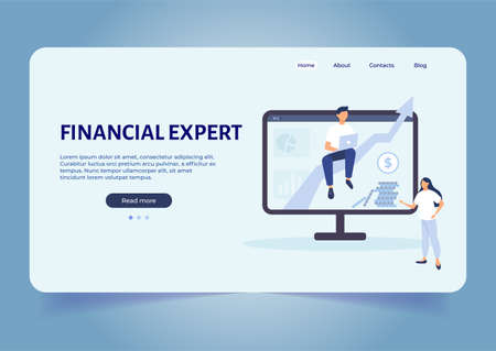 financial expert advice concept. landing page. Accounting consultations. Calculating financial risk graph. Character count money. Flat vector illustration isolated on white background.のイラスト素材