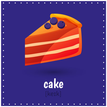 Learning cards for kids education. Learn word with transcription. cake. bakery. Educational worksheets for kids. preschool activitiesのイラスト素材