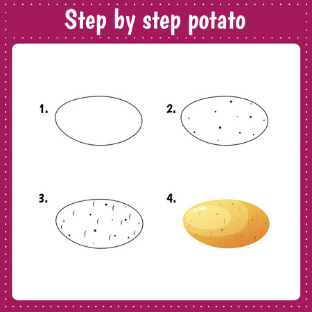 Educational worksheet for kids. Step by step drawing illustration. Potato. Activity page for preschool education.のイラスト素材