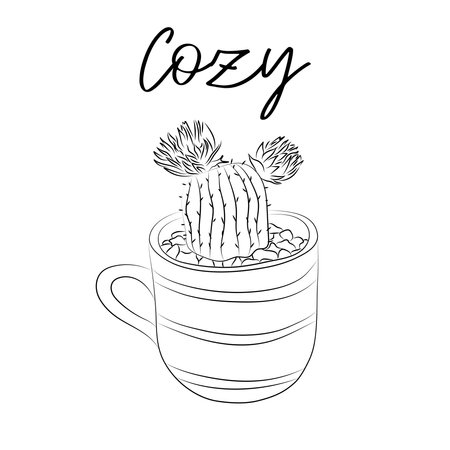 Cartoon illustration with green cactus doodle for fabric, web, postcards design. hand drawn vector illustration. hand drawn natural elements.のイラスト素材