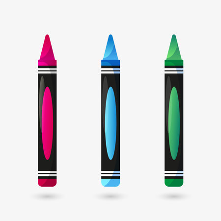 Cartoon colorful wax crayons on isolated background. Pink, blue and green pencils for schoolのイラスト素材