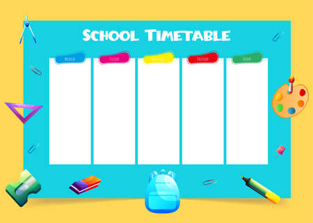 school schedule. Timetable for kids. Weekly time table with day of the week and handdrawn school stuff. Educational classes diary. A4 paper size.のイラスト素材