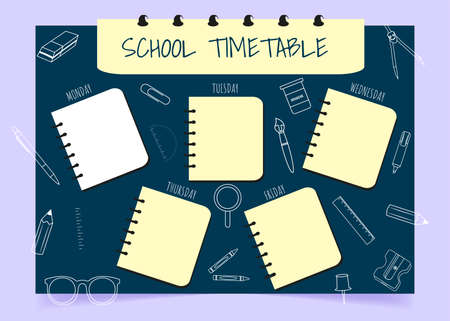 school schedule. Timetable for kids with supplies. Weekly time table with day of the week. Educational classes diary. A4 paper size.のイラスト素材