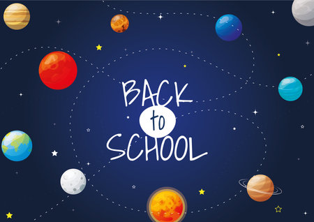 Back to school poster for kids with rosket, planets of the solar system and lines on the background. Cartoon vector illustrationのイラスト素材