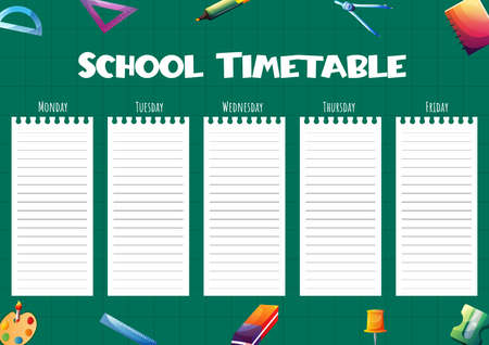School timetable template for kids with days of the week and cartoon school supplies on the background. weekly planner. Schedule design template.のイラスト素材