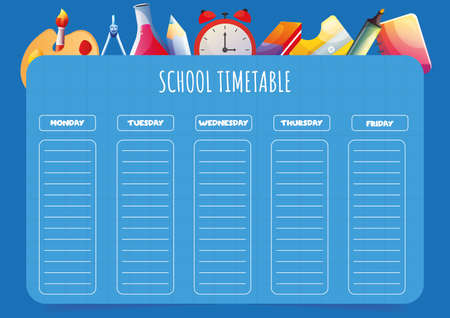 School timetable template for kids with days of the week and cartoon school supplies on the background. weekly planner. Schedule design template.のイラスト素材