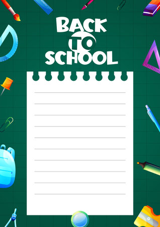 Back to school poster for kids. School supplies in cartoon style. vector illustrationのイラスト素材