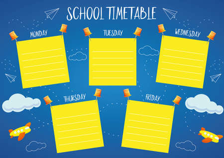 School timetable template for kids with days of the week. Timetable with clouds, planes on the background. weekly planner. Schedule design template.のイラスト素材