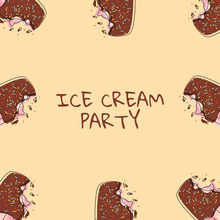 Flyer for party with doodle ice creams on it. Vector card with hand drawn chocolate ice cream. hand drawn. For birthday party invitations.のイラスト素材