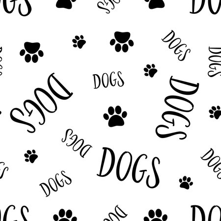 Cute seamless dog pattern with paws and text on white background. Doodle vector illustration. Cute seamless pattern for kids printのイラスト素材