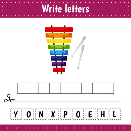 Educational game for kids. Crossword Xylophone. Music instrument. Guess the word. Education developing worksheet.のイラスト素材