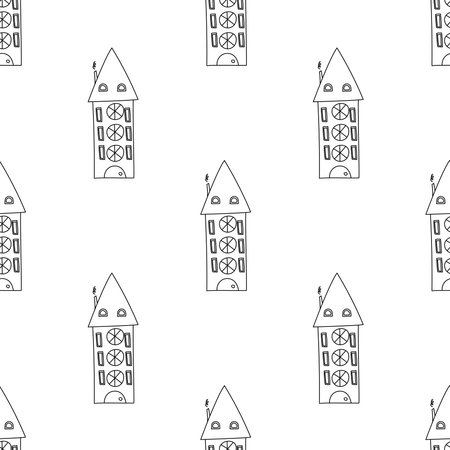 Seamless hand drawn doodle contour houses pattern in line art style for kids, fabric, printsのイラスト素材