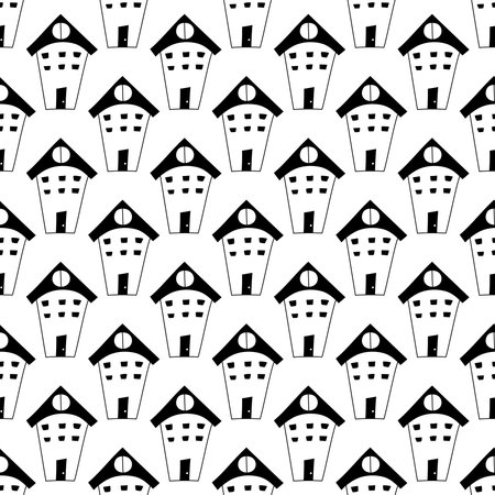 Doodle hand drawn pattern with houses in black and white. Seamless line art buildings for kids, fabric, printsのイラスト素材