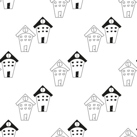 Doodle pattern with houses in black and white. Seamless hand drawn background for kids, fabric, printsのイラスト素材