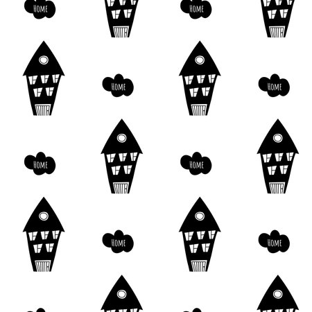 Hand drawn seamless pattern with doodle houses and cloud with text Home. Black and white buildings for kids, fabric, printsのイラスト素材