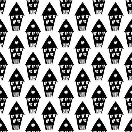 Cute pattern with doodle houses for kids print, fabric, postcards. Hand drawn buildings in black and whiteのイラスト素材