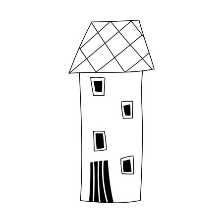 Hand drawn doodle house with rectangle windows and black door. For fabric, prints, kids. vector illustration.のイラスト素材