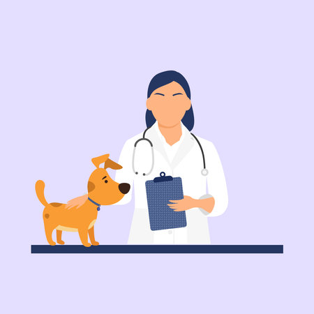 Veterinarian in the office holding dog. Veterinary doctor. Vet clinic. Woman with dog.Vector flat illustrationのイラスト素材