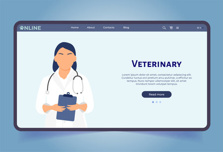 Veterinary online doctor. Animal care shop. Pet shop landing page template. veterinary consultant. Screen for ui, web. flat cartoon style.のイラスト素材