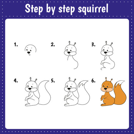Educational worksheet for kids. Step by step drawing illustration. Squirrel. Activity page for preschool education.のイラスト素材