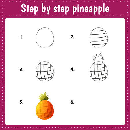 Educational worksheet for kids. Step by step drawing illustration. Pineapple. Activity page for preschool education.のイラスト素材