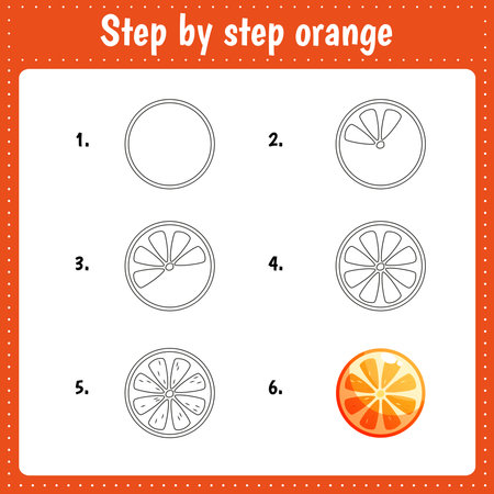 Educational worksheet for kids. Step by step drawing illustration. orange. Activity page for preschool education.のイラスト素材