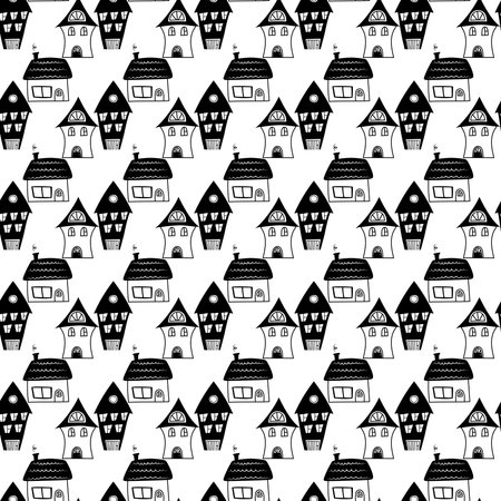 Set of Cute Hand drawn kids pattern with doodle houses black and white for fabric, prints. vector illustration.のイラスト素材
