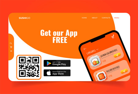 Landing page with asian food. Website with sushi and phone app prototype with qr code for business company.のイラスト素材