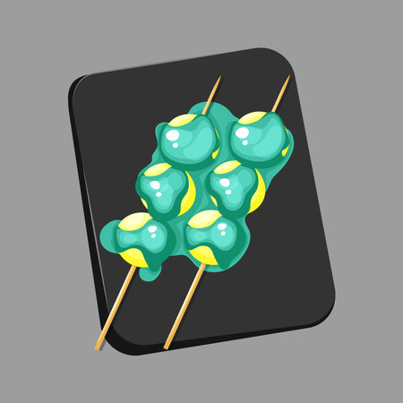 Cartoon Japanese Dango dessert with three balls with cartoon green blue sauce. Dango vector illustration on white background.のイラスト素材